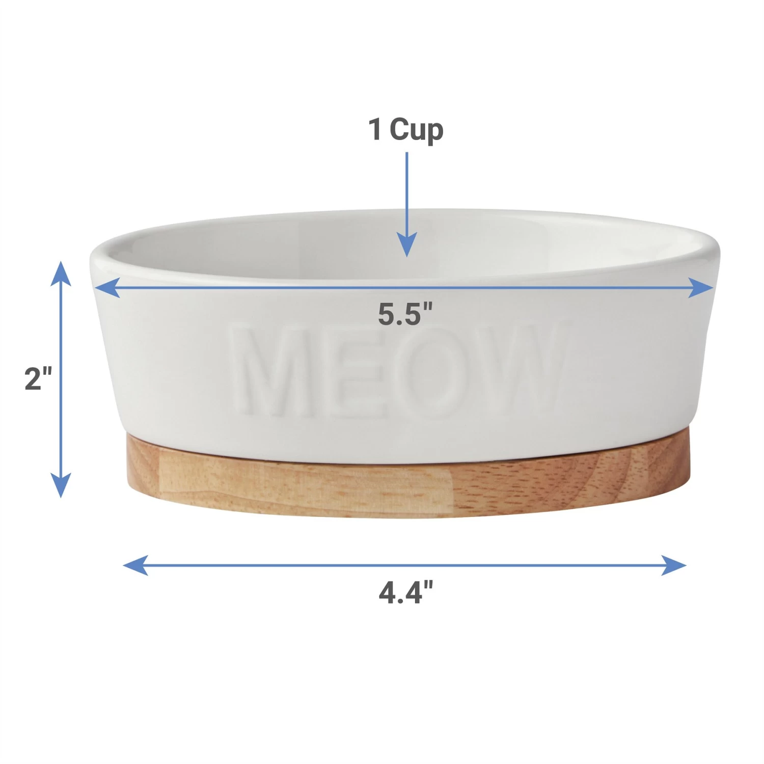 Frisco Oval Meow Non-skid Ceramic Cat Bowl With Wood Base - Image 2