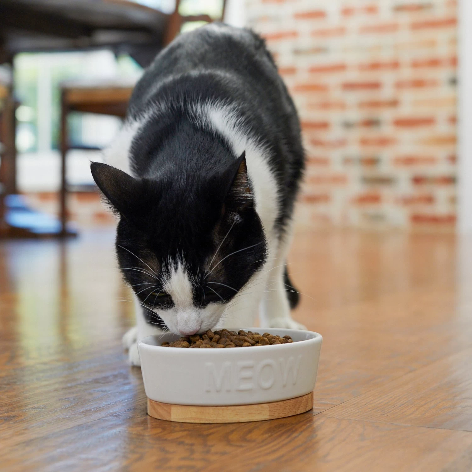 Frisco Oval Meow Non-skid Ceramic Cat Bowl With Wood Base - Image 3