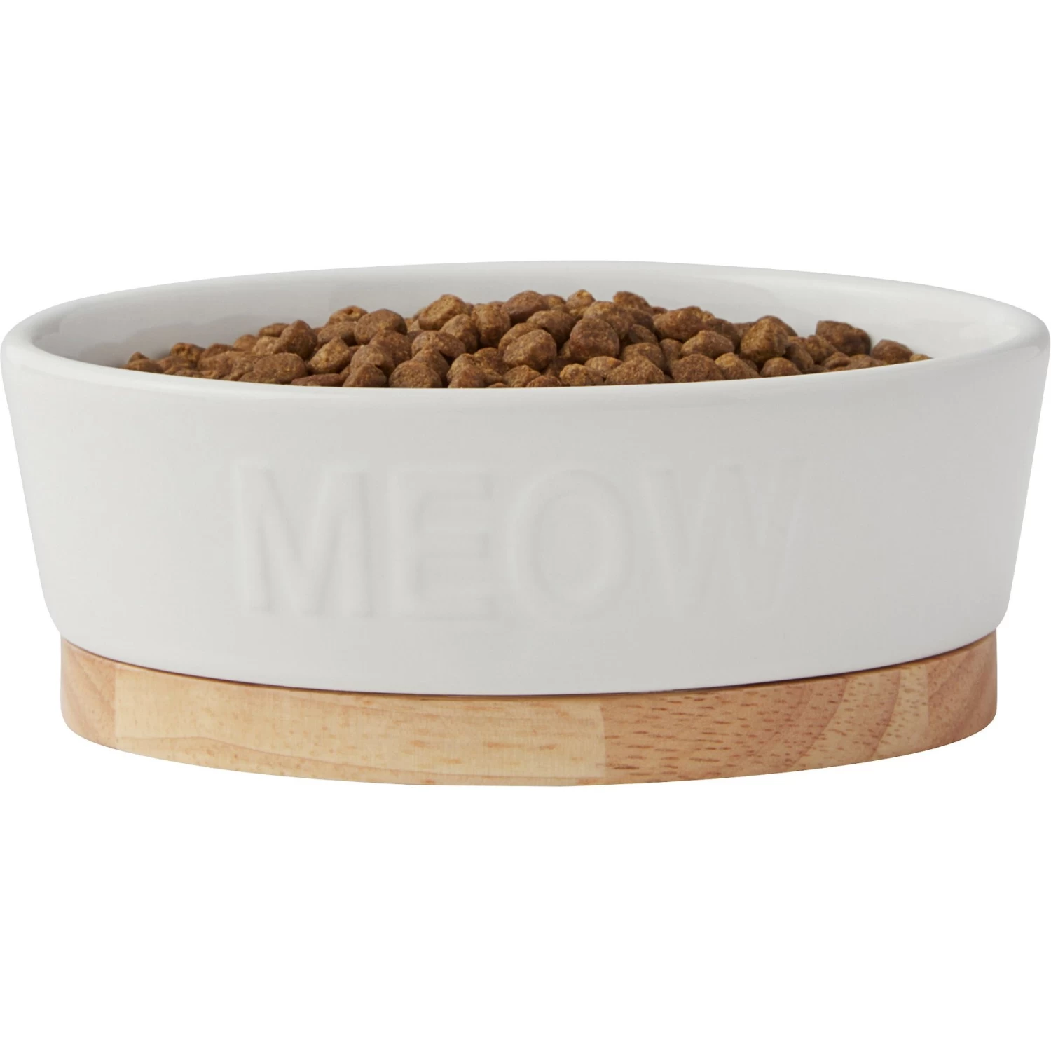 Frisco Oval Meow Non-skid Ceramic Cat Bowl With Wood Base - Image 4