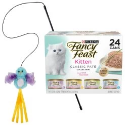 Fancy Feast Tender Feast Variety Pack Canned Kitten Food & Frisco Bird With Feathers Teaser Wand Cat Toy With Catnip
