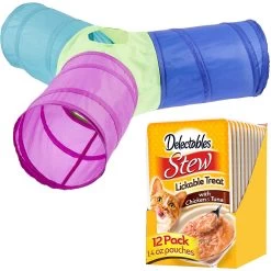 Hartz Delectables Stew Chicken & Tuna Lickable Cat Treat & Frisco Foldable Play Tri-Tunnel Cat Toy