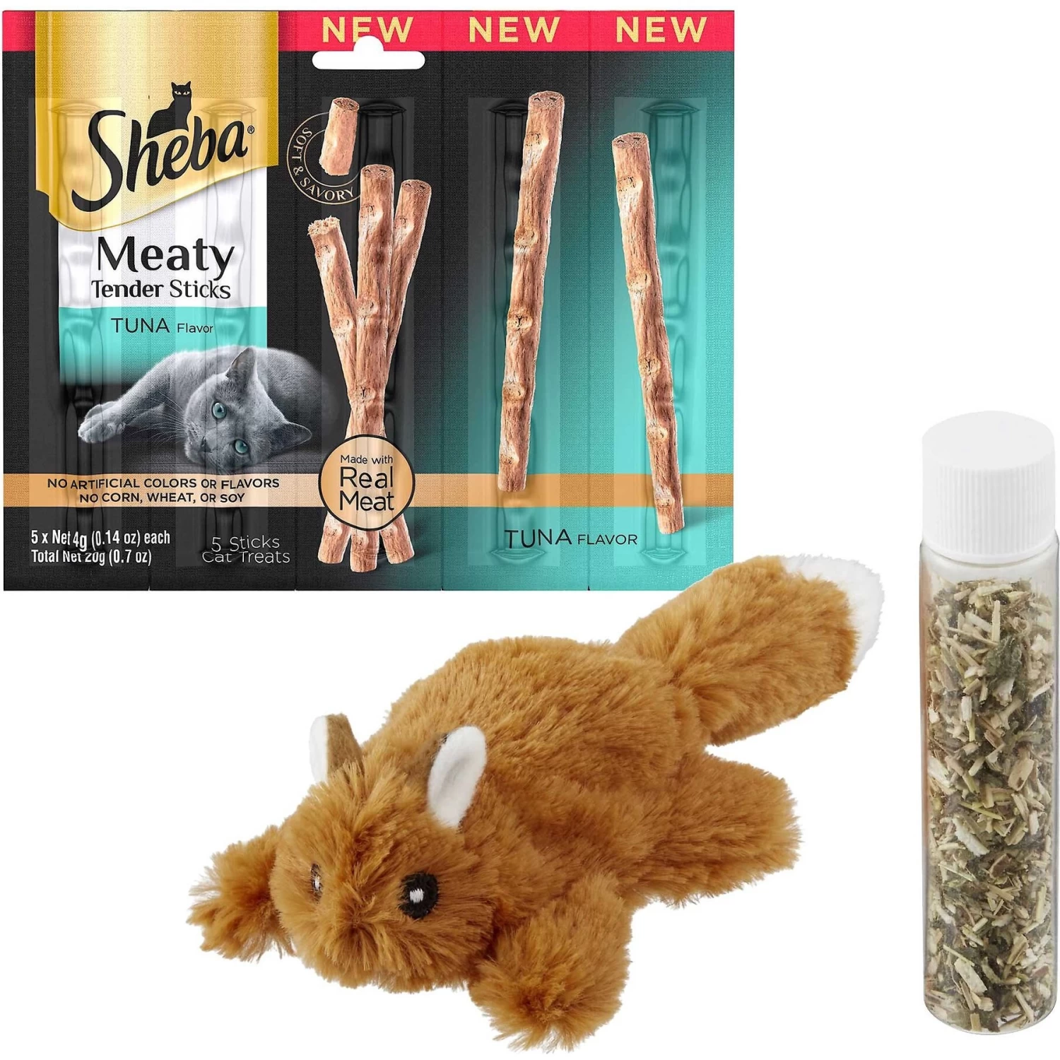 Sheba Meaty Tender Sticks Tuna Flavor Soft Adult Cat Treats & Frisco Squirrel Plush Cat Toy With Refillable Catnip